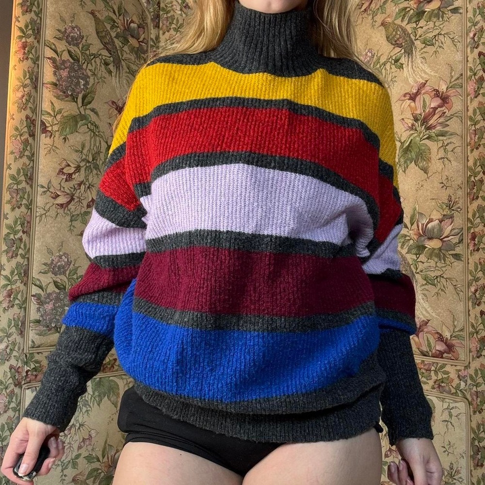 Express Multicolor Turtleneck Sweater Vintage Y2K Chunky Knit Striped Retro